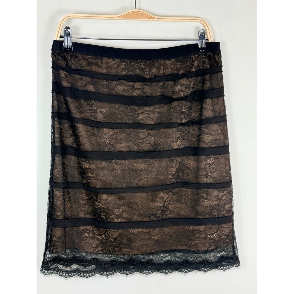 BCBGMAXAZRIA Lace Skirt L Black Nude Sheer Overlay Midi Whimsigoth Dark Coquette